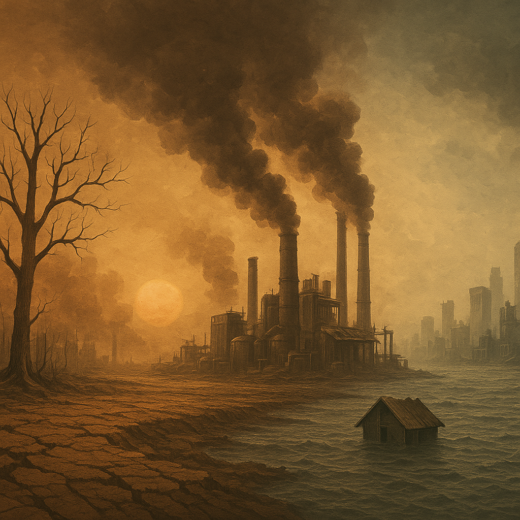Theoretical doomsday scene with a half flooded vista juxtaposed against a barren industrial wasteland
